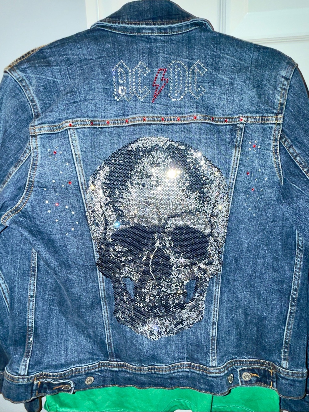AC/DC Jean jacket with XL rhinestone skull on back. 1 of a kind. Couture.